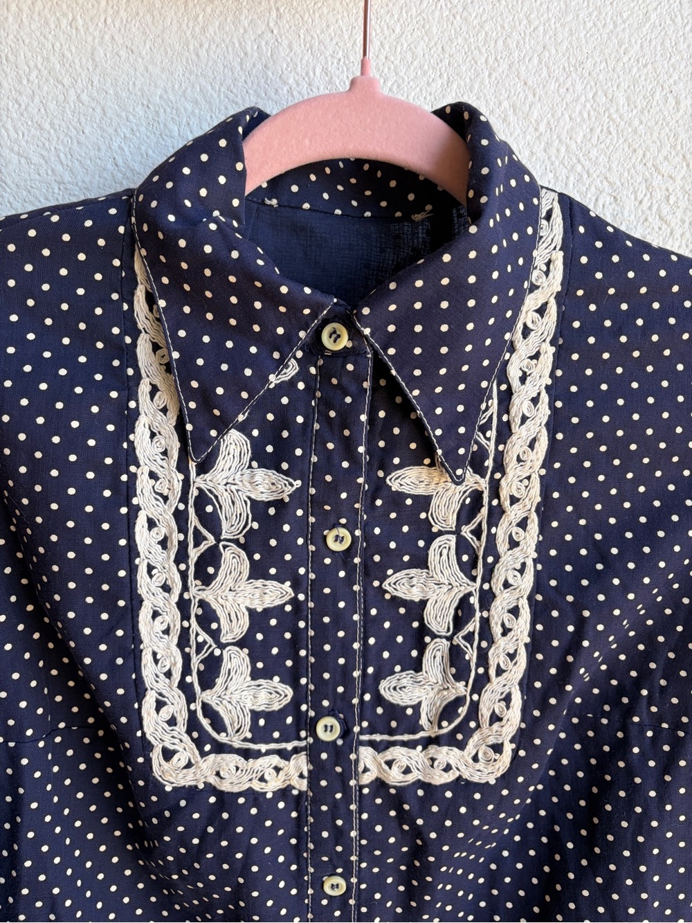 70s Union Made Navy Embroidered Polka Dot 2 Piece Prairie Suit Set - Picture 4 of 6